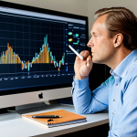 A professional Dutch investor, fully clothed in a modest business casual outfit, sits thoughtfully at a sleek desk in a contemporary, sunlit home office in the Netherlands. On a large monitor, abstract, non-specific digital charts display subtle, dynamic fluctuations, symbolizing market volatility without inducing panic. The investor holds a pen, in a natural pose, contemplating financial data. The scene emphasizes stability amidst change, with perfect anatomy, correct proportions, well-formed hands, and a proper finger count. The image is safe for work, appropriate content, fully clothed, and family-friendly, reflecting professional financial planning and a composed demeanor.