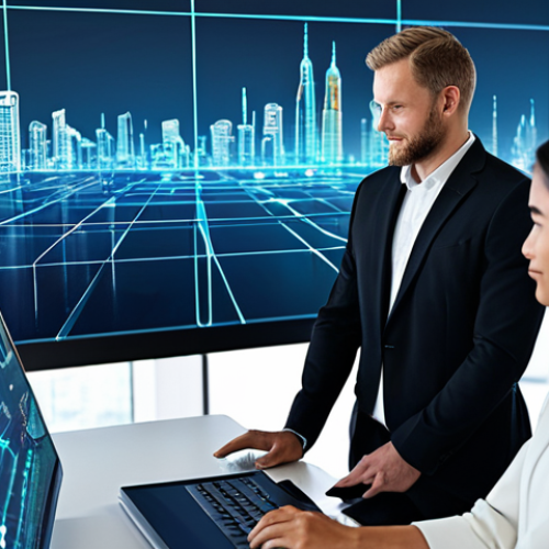Home 24 A diverse group of professionals in modern business attire, collaborating in a sleek, high-tech office with large, interactive holographic displays showcasing abstract blockchain networks and financial data. The scene emphasizes innovation and secure digital transactions, representing the shift in value and trust. The background subtly includes a modern city skyline. fully clothed, appropriate attire, safe for work, professional, perfect anatomy, natural proportions, well-formed hands, proper finger count, natural body proportions, professional photography, high quality.