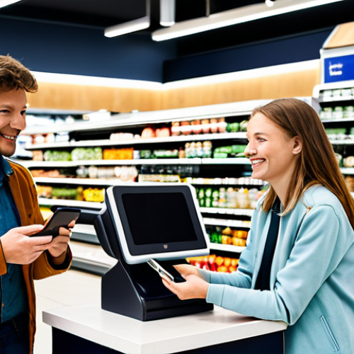 Home 22 A diverse group of customers, including a young adult and a senior, engaging in contactless payments at a modern, brightly lit supermarket checkout in the Netherlands. They are fully clothed in modest, everyday attire. One customer holds a smartphone near a payment terminal, while another holds a bank card. The scene emphasizes ease and speed. Professional photography, high resolution, natural lighting, perfect anatomy, correct proportions, natural pose, well-formed hands, proper finger count, natural body proportions, safe for work, appropriate content, fully clothed, family-friendly.