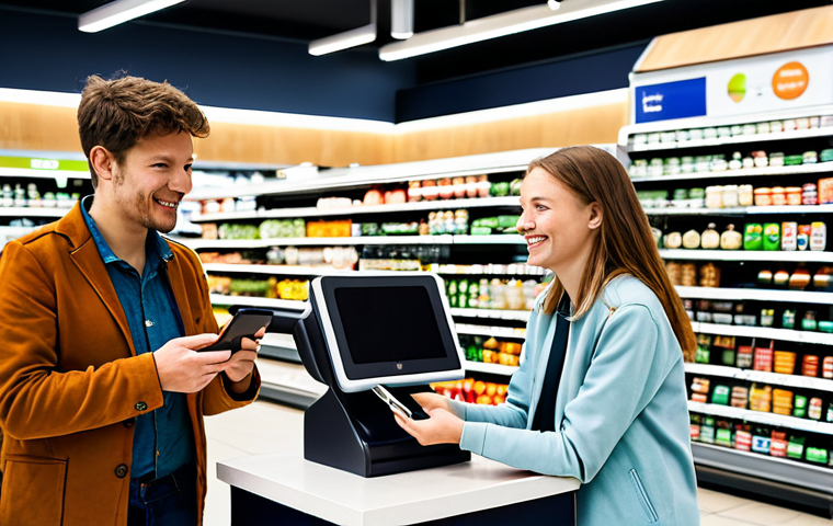 A diverse group of customers, including a young adult and a senior, engaging in contactless payments at a modern, brightly lit supermarket checkout in the Netherlands. They are fully clothed in modest, everyday attire. One customer holds a smartphone near a payment terminal, while another holds a bank card. The scene emphasizes ease and speed. Professional photography, high resolution, natural lighting, perfect anatomy, correct proportions, natural pose, well-formed hands, proper finger count, natural body proportions, safe for work, appropriate content, fully clothed, family-friendly.