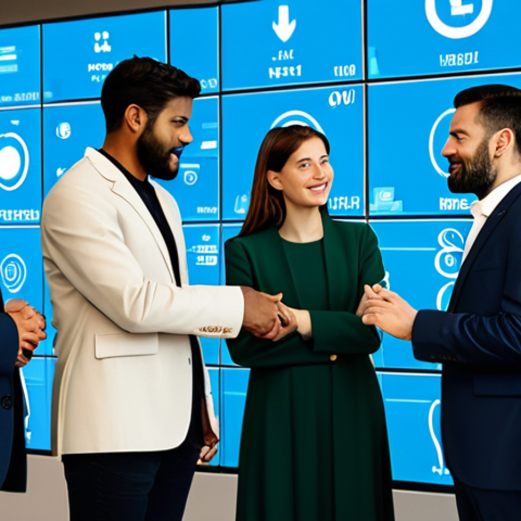 A diverse group of professional individuals, fully clothed in modest business attire, are engaged in a collaborative discussion within a sleek, modern financial technology hub. They stand around a translucent interactive screen displaying a dynamic overlay of digital currency symbols, such as simplified blockchain graphics and stylized 'digital Euro' concepts, blending harmoniously with subtle representations of traditional currency notes. The setting emphasizes innovation, future-forward thinking, and the smooth integration of new financial paradigms. Perfect anatomy, correct proportions, natural pose, well-formed hands, proper finger count, natural body proportions. Safe for work, appropriate content, fully clothed, professional dress, family-friendly. High-quality render, digital art, soft ambient lighting.