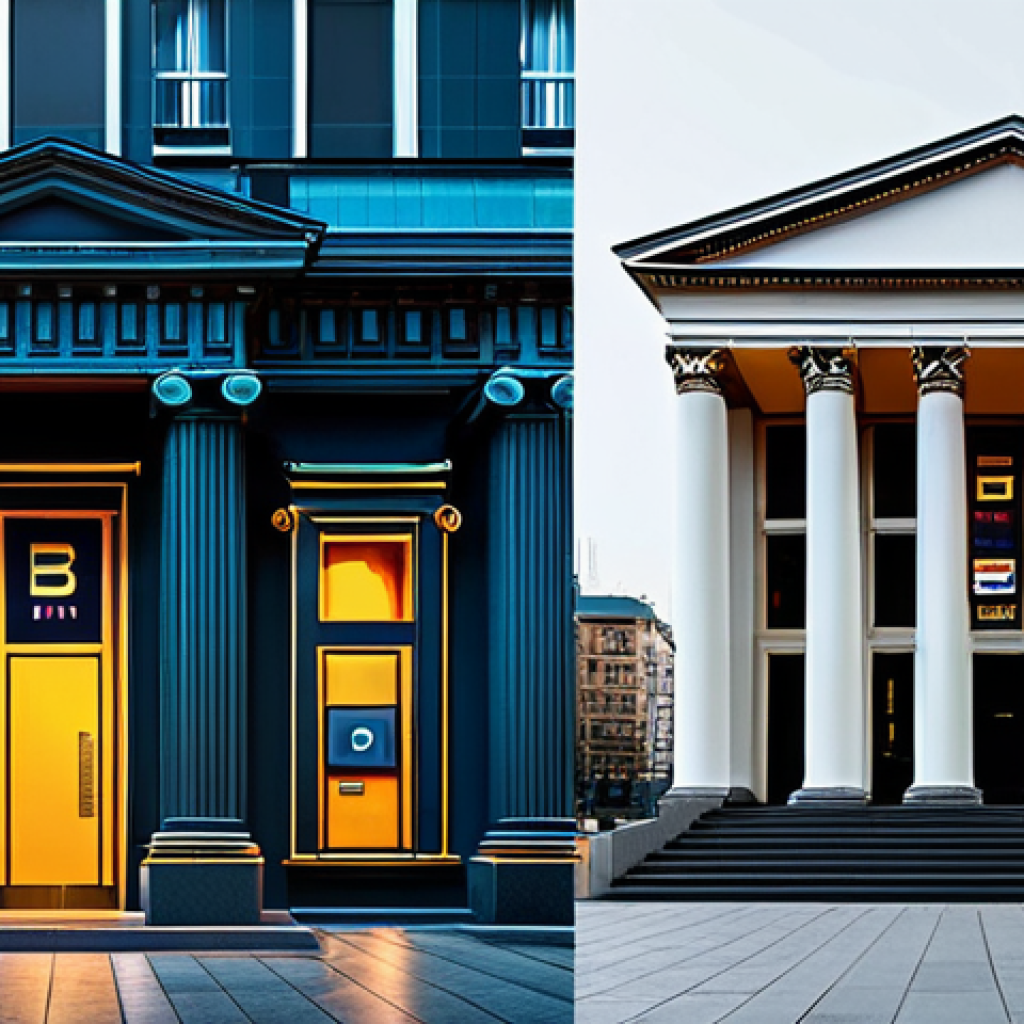 디지털화폐와 전통 금융 시스템의 비교 - Modern vs. Traditional Banking**
"A split-screen image. On one side, a vibrant, futuristic cityscap...