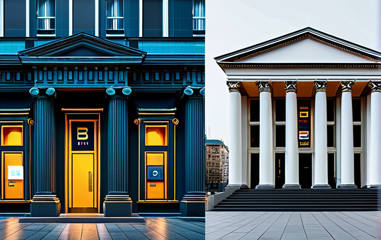 디지털화폐와 전통 금융 시스템의 비교 - Modern vs. Traditional Banking**
"A split-screen image. On one side, a vibrant, futuristic cityscap...