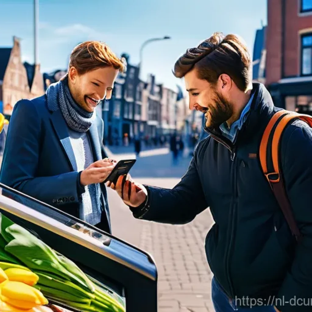 디지털화폐와 미세 조정 - **Digital Payment in a Dutch Urban Setting**
"A vibrant, sunlit street in a modern Dutch city, b...