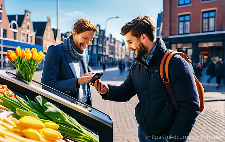 디지털화폐와 미세 조정 - **Digital Payment in a Dutch Urban Setting**
    "A vibrant, sunlit street in a modern Dutch city, b...
