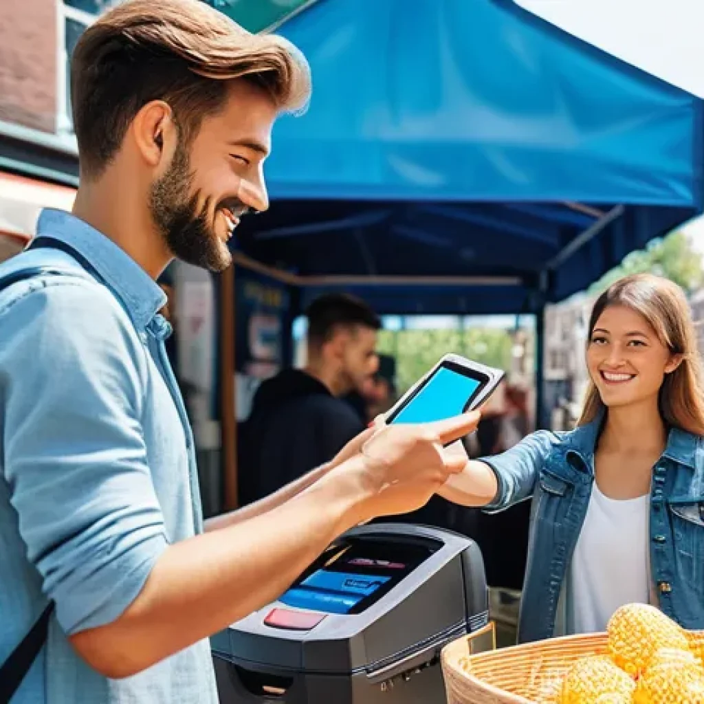 디지털화폐와 글로벌 결제 시스템 - **Digital Euro in a Bustling Dutch Market**
    "A vibrant, realistic scene of a diverse group of pe...