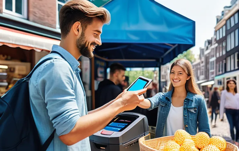 디지털화폐와 글로벌 결제 시스템 - **Digital Euro in a Bustling Dutch Market**
    "A vibrant, realistic scene of a diverse group of pe...