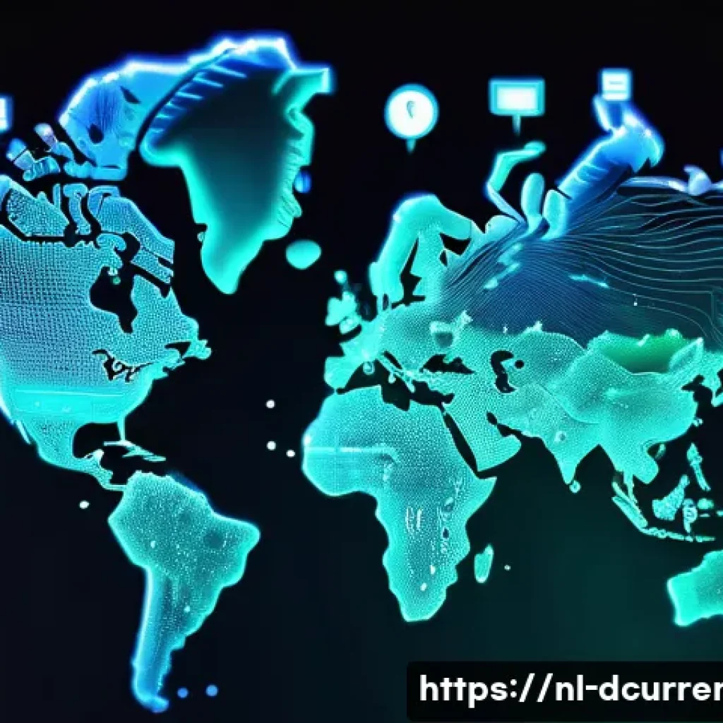 디지털화폐의 기술적 발전과 위험 - A futuristic digital art scene depicting a fast-paced international financial transaction using bloc...