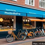 Home 20 디지털화폐 시장의 성장 - A modern Dutch urban street scene featuring a variety of shops and cafés displaying signs that accep...