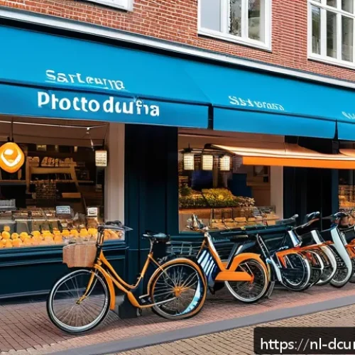 Home 32 디지털화폐 시장의 성장 - A modern Dutch urban street scene featuring a variety of shops and cafés displaying signs that accep...