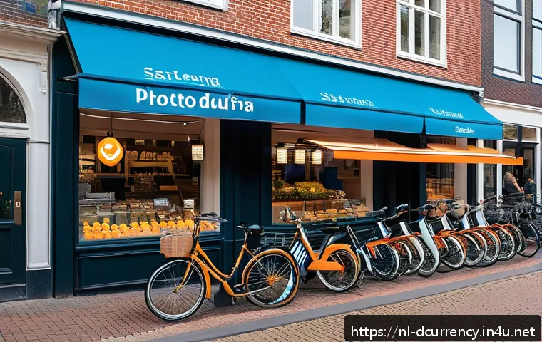 디지털화폐 시장의 성장 - A modern Dutch urban street scene featuring a variety of shops and cafés displaying signs that accep...