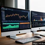 Home 18 디지털화폐의 시장 예측 모델 - A modern Dutch investor’s home office setup with multiple large monitors displaying AI-driven financ...