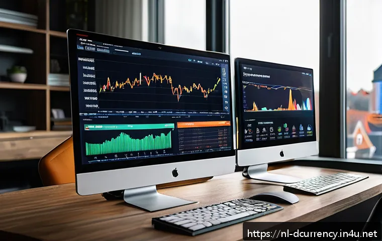 디지털화폐의 시장 예측 모델 - A modern Dutch investor’s home office setup with multiple large monitors displaying AI-driven financ...