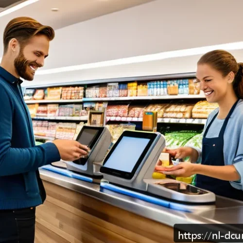 Home 17 디지털화폐와 디지털 금융 - A busy Dutch supermarket checkout scene showing diverse customers using contactless payment methods ...