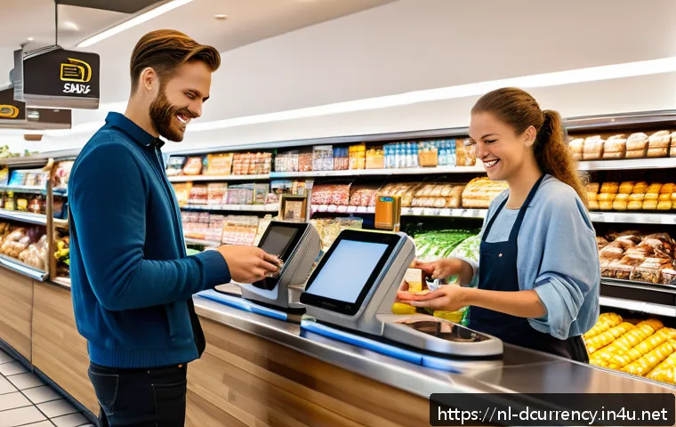 디지털화폐와 디지털 금융 - A busy Dutch supermarket checkout scene showing diverse customers using contactless payment methods ...