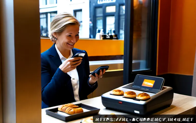 Home 30 디지털화폐 사용과 국가별 규제 차이 - Photorealistic modern Dutch café in Amsterdam, a middle-aged woman paying with a smartphone contactl...