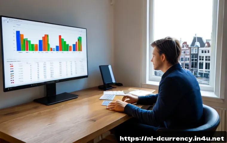 디지털화폐의 가격 흐름 분석 - Photorealistic financial analysis desk in a bright modern Amsterdam apartment, a Dutch professional ...