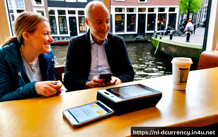 디지털화폐의 글로벌 채택 - Photorealistic wide-angle scene in a modern Amsterdam neighborhood café, diverse Dutch adults and an...