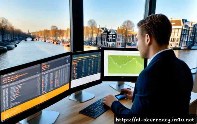Home 17 디지털화폐의 시장 분석 및 전망 - Photorealistic financial market analysis scene in a modern Amsterdam office, Dutch analyst reviewing...
